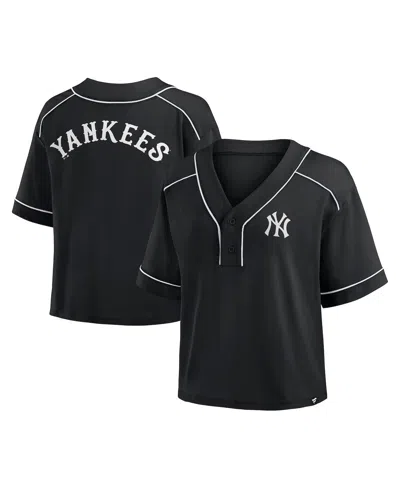 Fanatics Women's Black New York Yankees Oversized Champ Game Midi Cropped V-neck T-shirt