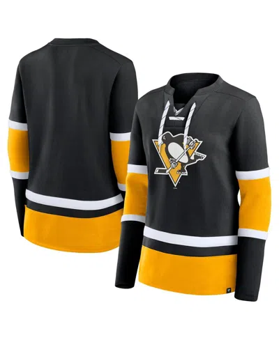 Fanatics Women's Black Pittsburgh Penguins Prime Time Lace-up Long Sleeve T-shirt In Black,gold