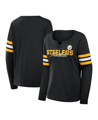 Fanatics Women's Black Pittsburgh Steelers Team First Coverage Scheme Lace-up Long Sleeve T-shirt In Black,gold