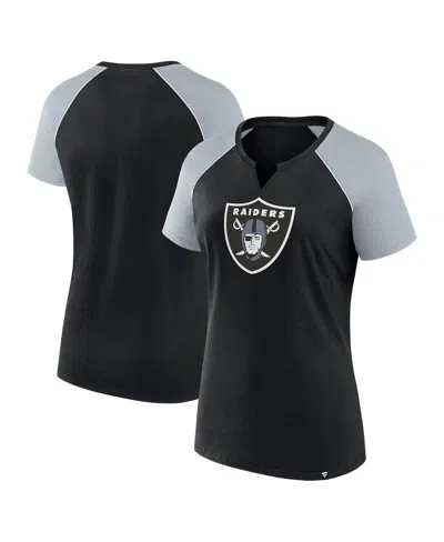 Fanatics Women's Black/silver Las Vegas Raiders Glittered Primary Raglan T-shirt In Black,silver