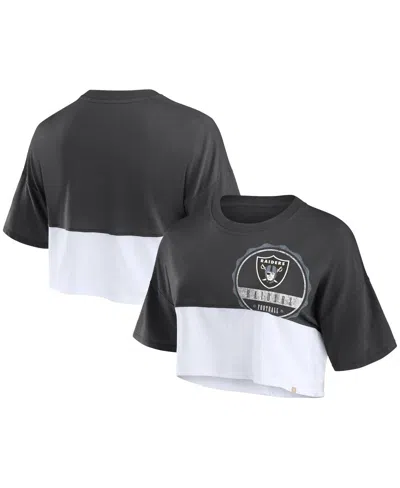 Fanatics Women's Black/white Las Vegas Raiders Boxy Color Split Cropped T-shirt In Black,white