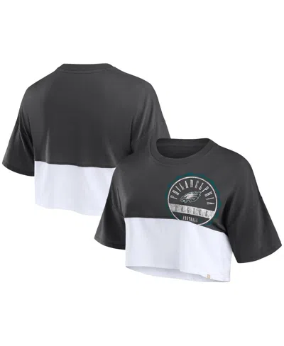 Fanatics Women's Black/white Philadelphia Eagles Boxy Color Split Cropped T-shirt In Black,white