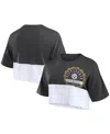 Fanatics Women's Black/white Pittsburgh Steelers Boxy Color Split Cropped T-shirt In Black,white
