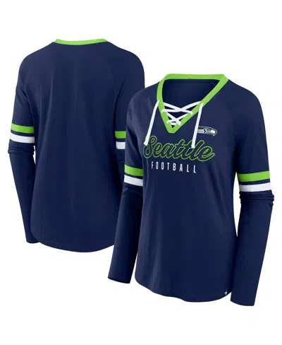 Fanatics Women's College Navy Seattle Seahawks Won And Done Lace-up Long Sleeve Fashion Top In College Navy,neon Green