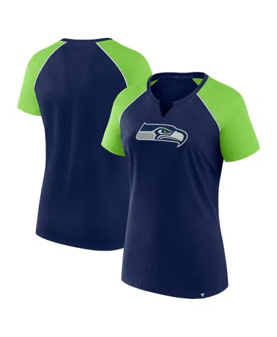 Fanatics Women's College Navy/neon Green Seattle Seahawks Glittered Primary Raglan T-shirt In College Navy,neon Green