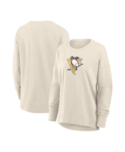 Fanatics Women's Cream Pittsburgh Penguins Distressed Logo Long Sleeve T-shirt In Neutral