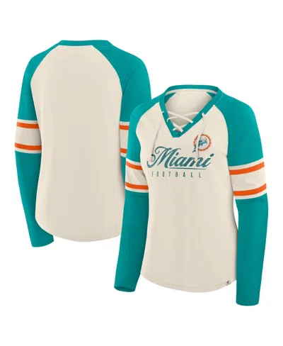 Fanatics Women's Cream/aqua Miami Dolphins Hometown Gridiron Hero Raglan Lace-up V-neck Long Sleeve T-shirt In Blue
