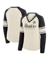 Fanatics Women's Cream/black Las Vegas Raiders Hometown Gridiron Hero Raglan Lace-up V-neck Long Sleeve T-shi In Neutral