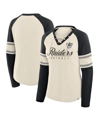 Fanatics Women's Cream/black Las Vegas Raiders Hometown Gridiron Hero Raglan Lace-up V-neck Long Sleeve T-shi In Neutral
