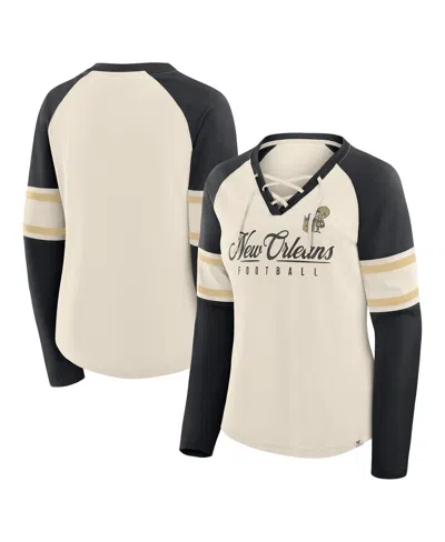 Fanatics Women's Cream/black New Orleans Saints Hometown Gridiron Hero Raglan Lace-up V-neck Long Sleeve T-sh In Multi