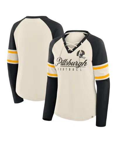 Fanatics Women's Cream/black Pittsburgh Steelers Hometown Gridiron Hero Raglan Lace-up V-neck Long Sleeve T-s In Multi