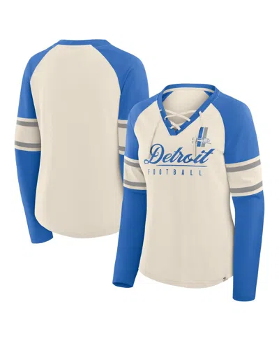 Fanatics Women's Cream/blue Detroit Lions Hometown Gridiron Hero Raglan Lace-up V-neck Long Sleeve T-shirt In Brown