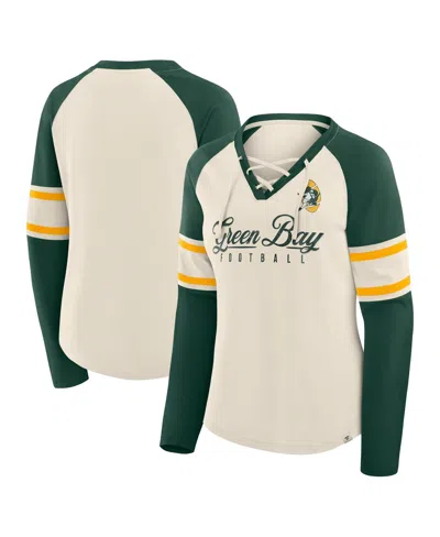 Fanatics Women's Cream/green Bay Packers Hometown Gridiron Hero Raglan Lace-up V-neck Long Sleeve T-shirt
