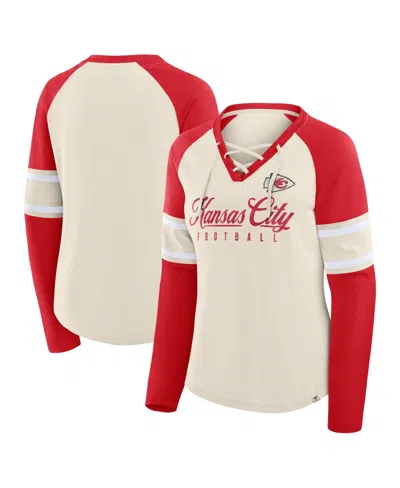Fanatics Women's Cream/red Kansas City Chiefs Hometown Gridiron Hero Raglan Lace-up V-neck Long Sleeve T-shir In Gold