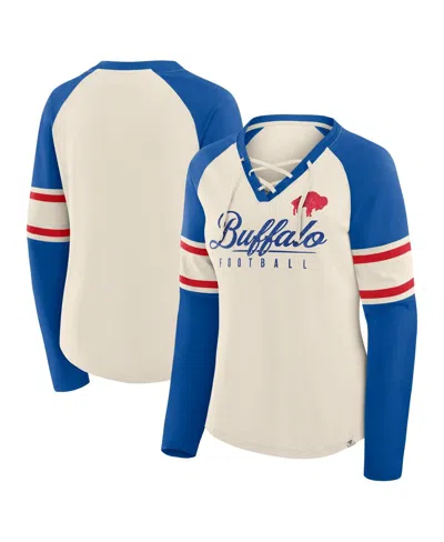 Fanatics Women's Cream/royal Buffalo Bills Hometown Gridiron Hero Raglan Lace-up V-neck Long Sleeve T-shirt In Neutral