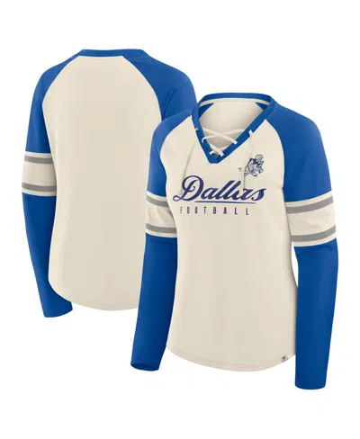 Fanatics Women's Cream/royal Dallas Cowboys Hometown Gridiron Hero Raglan Lace-up V-neck Long Sleeve T-shirt In Multi