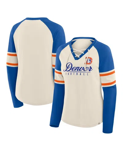 Fanatics Women's Cream/royal Denver Broncos Hometown Gridiron Hero Raglan Lace-up V-neck Long Sleeve T-shirt In Multi