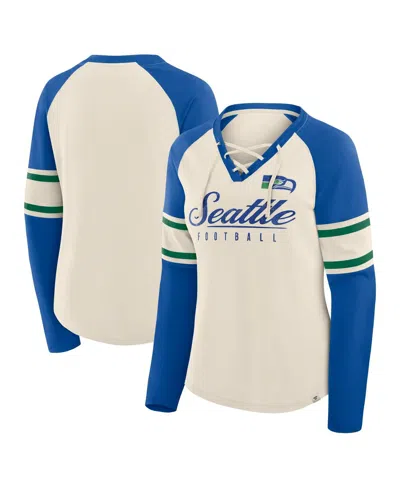 Fanatics Women's Cream/royal Seattle Seahawks Hometown Gridiron Hero Raglan Lace-up V-neck Long Sleeve T-shir In Neutral