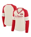 Fanatics Women's Cream/scarlet San Francisco 49ers Hometown Gridiron Hero Raglan Lace-up V-neck Long Sleeve T In Gold