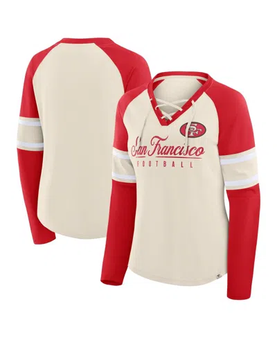 Fanatics Women's Cream/scarlet San Francisco 49ers Hometown Gridiron Hero Raglan Lace-up V-neck Long Sleeve T In Gold