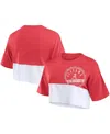Fanatics Women's Crimson/white Alabama Crimson Tide Oversized Badge Color Block Cropped T-shirt In Crimson,white