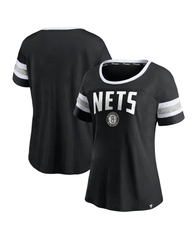 Fanatics Women's  Black And Heathered Gray Brooklyn Nets Block Party Striped Sleeve T-shirt