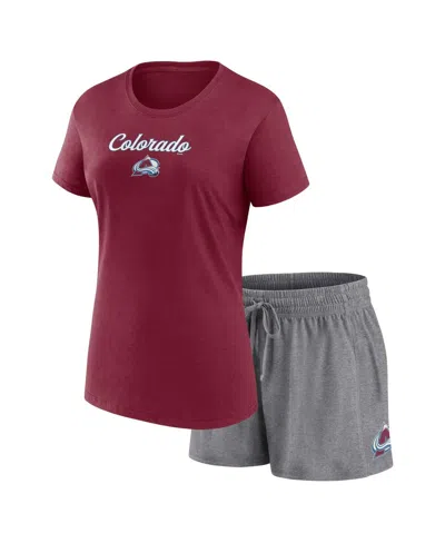 Fanatics Women's  Burgundy, Gray Colorado Avalanche Script T-shirt And Shorts Set In Burgundy,gray