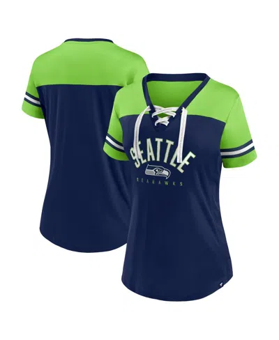 Fanatics Women's  College Navy, Neon Green Seattle Seahawks Blitz And Glam Lace-up V-neck Jersey T-sh In College Navy,neon Green