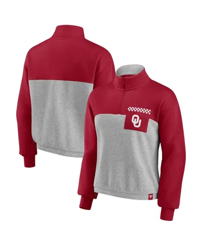 Fanatics Women's  Crimson, Heathered Gray Oklahoma Sooners Sideline To Sideline Colorblock Quarter-zi In Crimson,heathered Gray