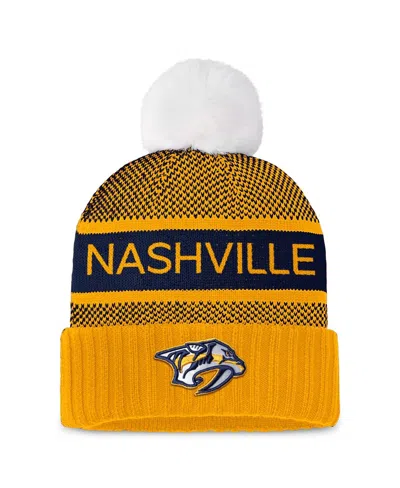 Fanatics Women's  Gold, Navy Nashville Predators Authentic Pro Rink Cuffed Knit Hat With Pom In Gold,navy