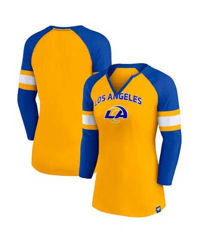 Fanatics Women's  Gold, Royal Los Angeles Rams Arch Raglan 3/4-sleeve Notch Neck T-shirt In Gold,royal