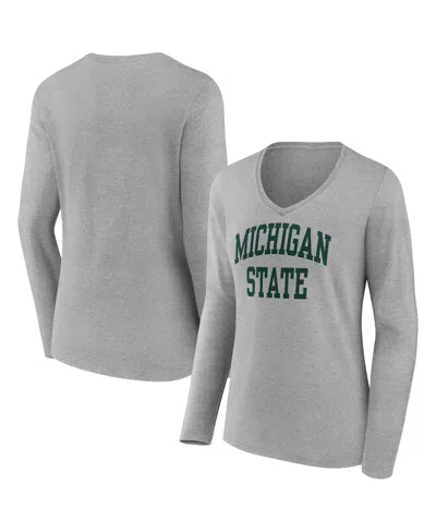 Fanatics Women's  Heather Gray Michigan State Spartans Basic Arch Long Sleeve V-neck T-shirt