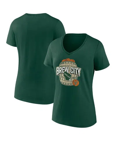Fanatics Women's  Hunter Green Milwaukee Bucks Hometown Collection Brew City V-neck T-shirt
