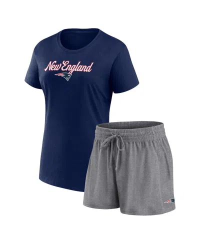 Fanatics Women's  Navy, Heather Charcoal New England Patriots Script T-shirt And Shorts Lounge Set In Navy,heather Charcoal