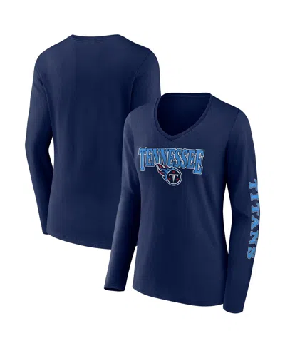 Fanatics Women's  Navy Tennessee Titans Wordmark Long Sleeve V-neck T-shirt
