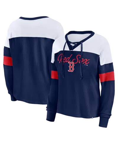 Fanatics Women's  Navy, White Boston Red Sox Even Match Lace-up Long Sleeve V-neck T-shirt In Navy,white