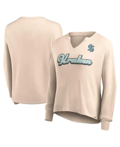 Fanatics Women's  Oatmeal Distressed Seattle Kraken Go For It Notch Neck Waffle Knit Long Sleeve T-sh