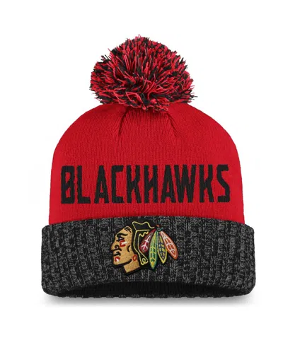 Fanatics Women's  Red, Black Chicago Blackhawks Iconic Cuffed Knit Hat With Pom In Red,black