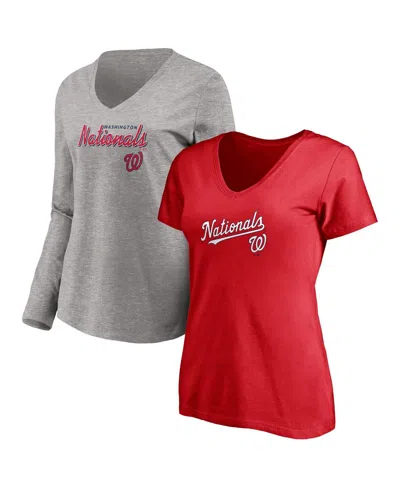 Fanatics Women's  Red, Heathered Gray Washington Nationals Team V-neck T-shirt Combo Set Dnu In Red,heathered Gray