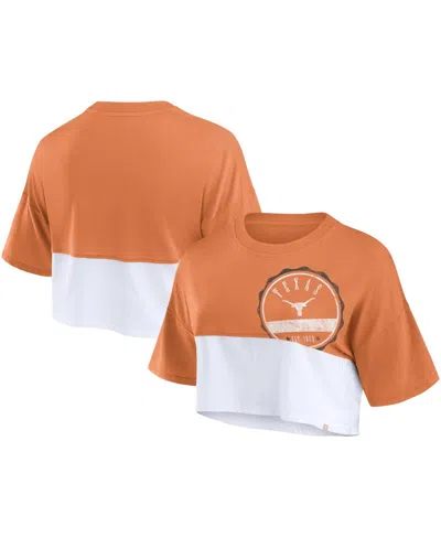 Fanatics Women's  Texas Orange, White Distressed Texas Longhorns Oversized Badge Colorblock Cropped T In Burnt Orange