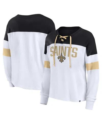 Fanatics Women's  White, Black New Orleans Saints Plus Size Even Match Lace-up Long Sleeve V-neck Top In White,black
