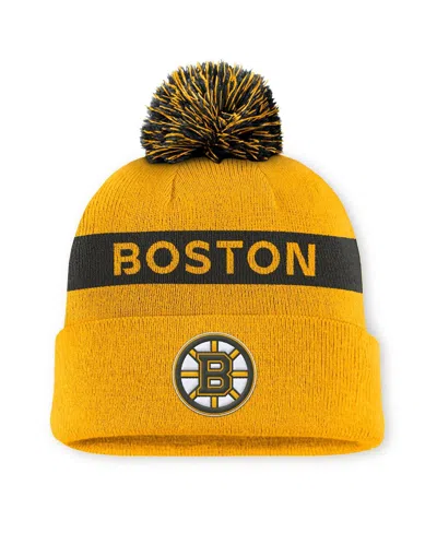 Fanatics Women's Gold/black Boston Bruins Authentic Pro Rink With Pom Cuffed Knit Hat In Gold,black