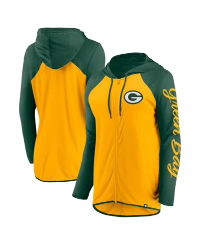 Fanatics Women's Gold/green Green Bay Packers Script Full-zip Hoodie In Gold,green
