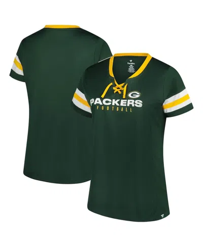 Fanatics Women's Green Green Bay Packers Plus Size Rhinestone Redzone Athena Lace-up Notch Neck T-shirt