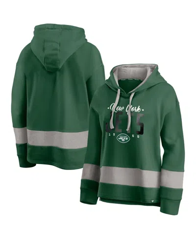 Fanatics Women's Green/gray New York Jets Huddle Up Fundamental Fleece Color Block Pullover Hoodie In Multi