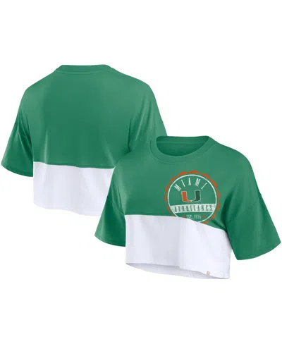 Fanatics Women's Green/white Miami Hurricanes Oversized Badge Colorblock Cropped T-shirt In Green,white