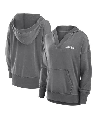 FANATICS WOMEN'S HEATHER CHARCOAL NEW YORK JETS INITIATIVE SNOW WASH FRENCH TERRY V-NECK PULLOVER HOODIE