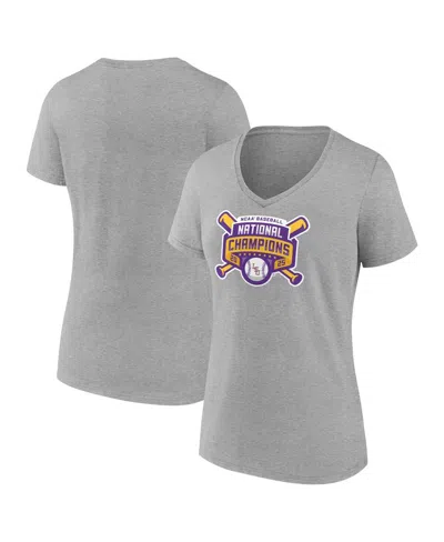 Fanatics Women's Heather Gray Lsu Tigers 2025 Ncaa Baseball Men's College World Series Champions Logo V-neck 