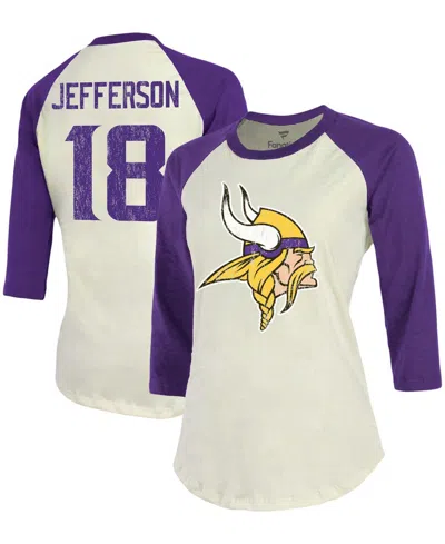 Fanatics Women's Justin Jefferson Cream, Purple Minnesota Vikings Player Raglan Name Number 3/4 Sleeve T-shir In Cream,purple