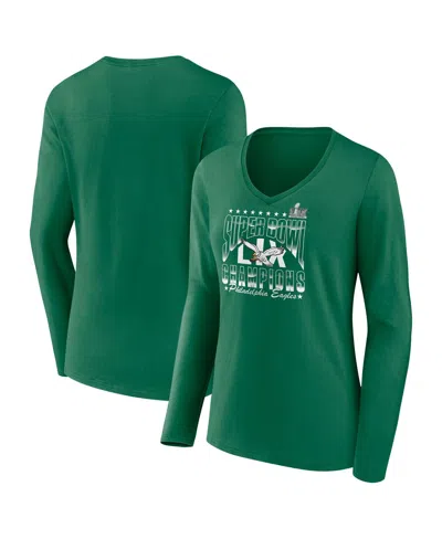 Fanatics Women's Kelly Green Philadelphia Eagles Super Bowl Lix Champions Retro Logo Long Sleeve V-neck T-shi